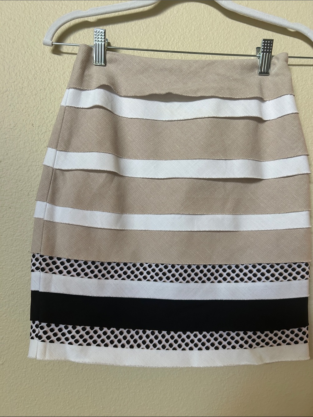 White House Black Market Beige, White and Black Striped Pencil Skirt